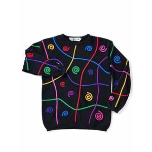 VTG Rafaella Sweater Womens M Black Colorful Embroidered 80s 90s Knit Top READ!!